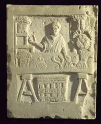 Relief depicting a flower and vegetable seller